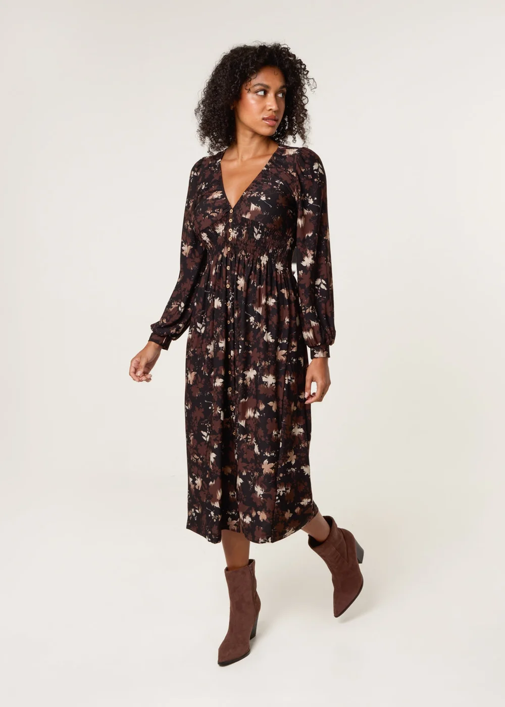 Blue Vanilla Brown Button Front Midi Dress - S/M Image 3