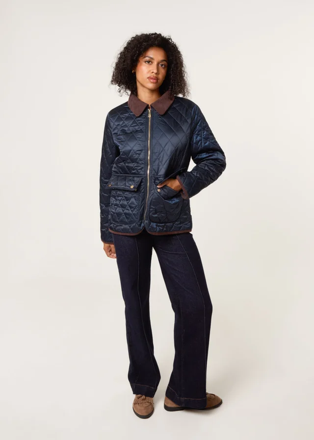 Blue Vanilla Navy Diamond Quilted Cord Collar Coat