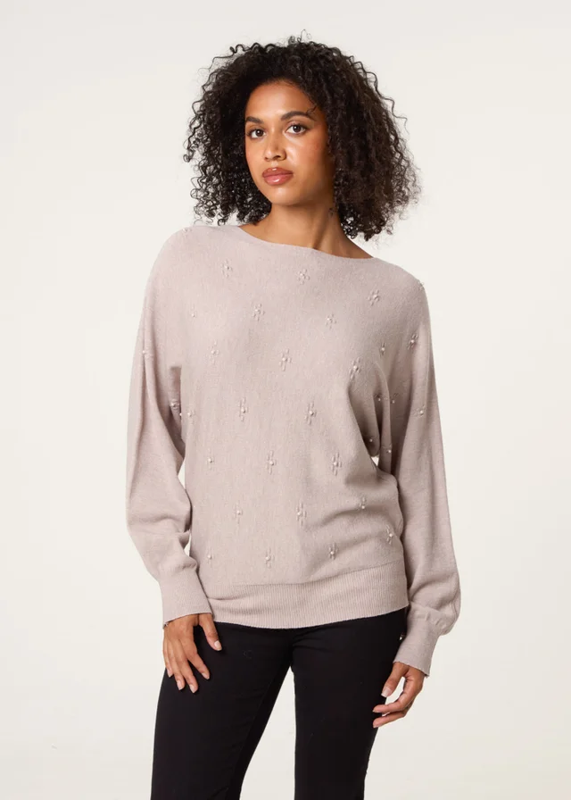 Blue Vanilla Beige Pearl Flower Detailed Soft Touch Jumper