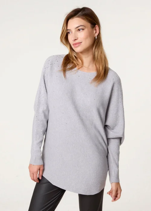Blue Vanilla Grey Long Sleeve Diamante Detailed Batwing Jumper - S/M Image 1