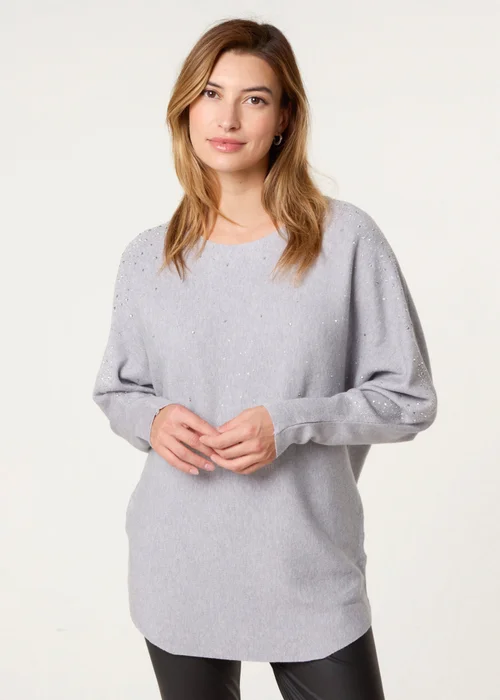 Blue Vanilla Grey Long Sleeve Diamante Detailed Batwing Jumper - S/M Image 3