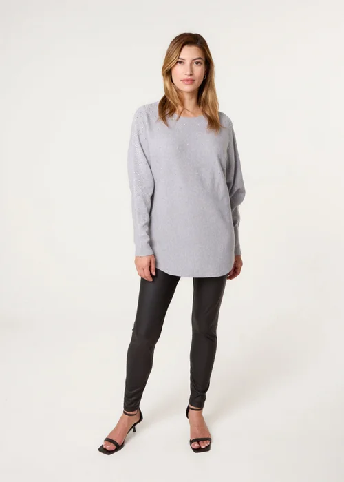 Blue Vanilla Grey Long Sleeve Diamante Detailed Batwing Jumper - S/M Image 4
