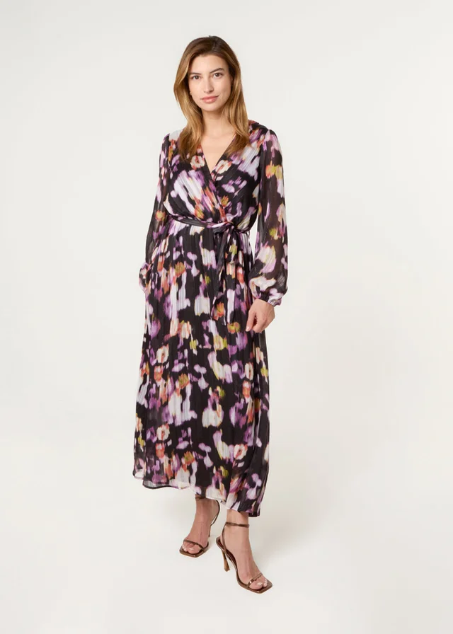 Blue Vanilla Black Shimmery Watercolour Wrap Maxi Dress