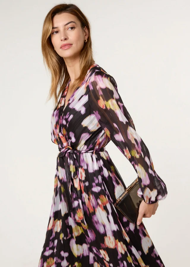 Blue Vanilla Black Shimmery Watercolour Wrap Maxi Dress