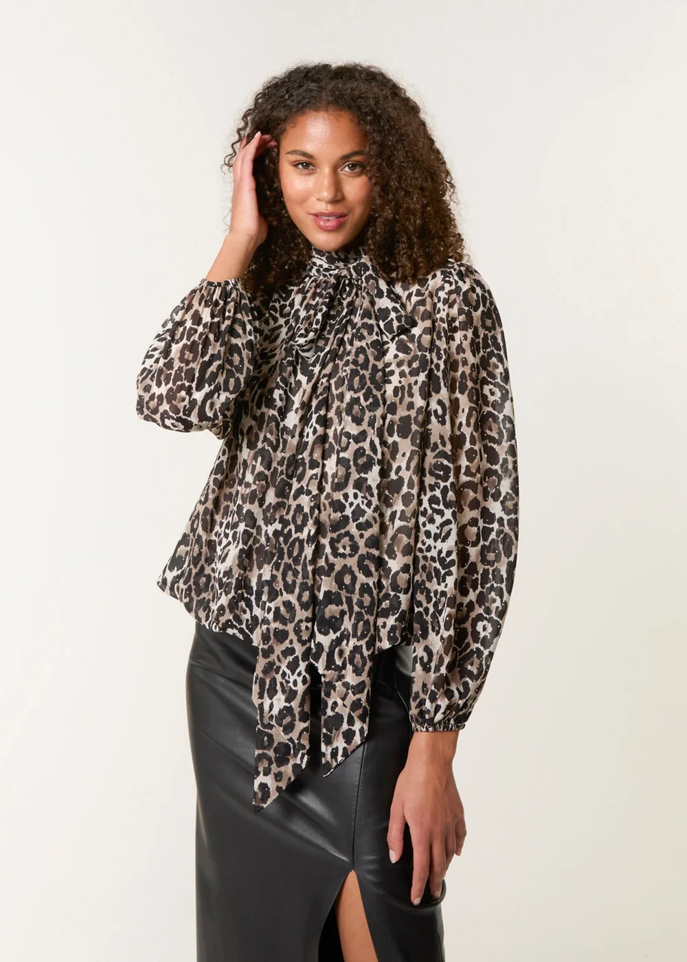Blue Vanilla Brown Leopard Print Tie Neck Puffball Top - S Image 3