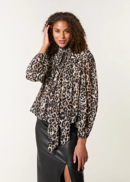 Blue Vanilla Brown Leopard Print Tie Neck Puffball Top - S Image 3