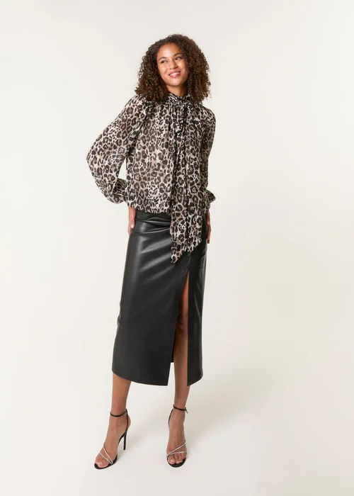 Blue Vanilla Brown Leopard Print Tie Neck Puffball Top - S Image 1