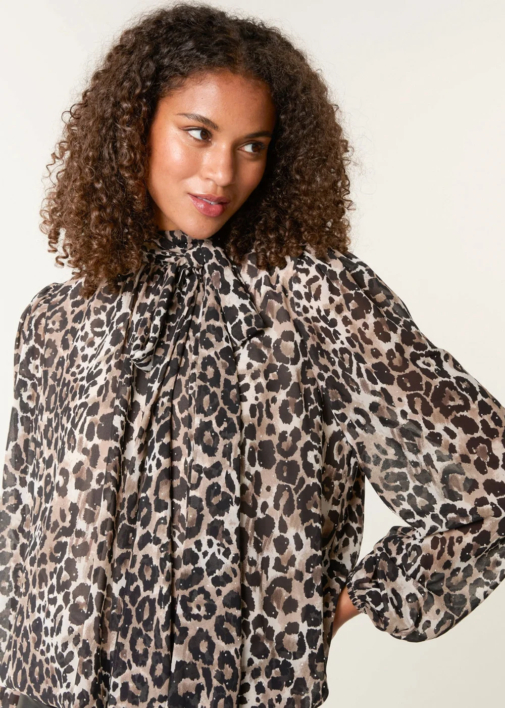 Blue Vanilla Brown Leopard Print Tie Neck Puffball Top - S Image 2