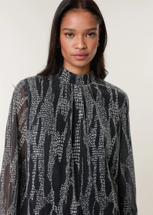 Blue Vanilla Silver Snake High Neck Puff Ball Blouse