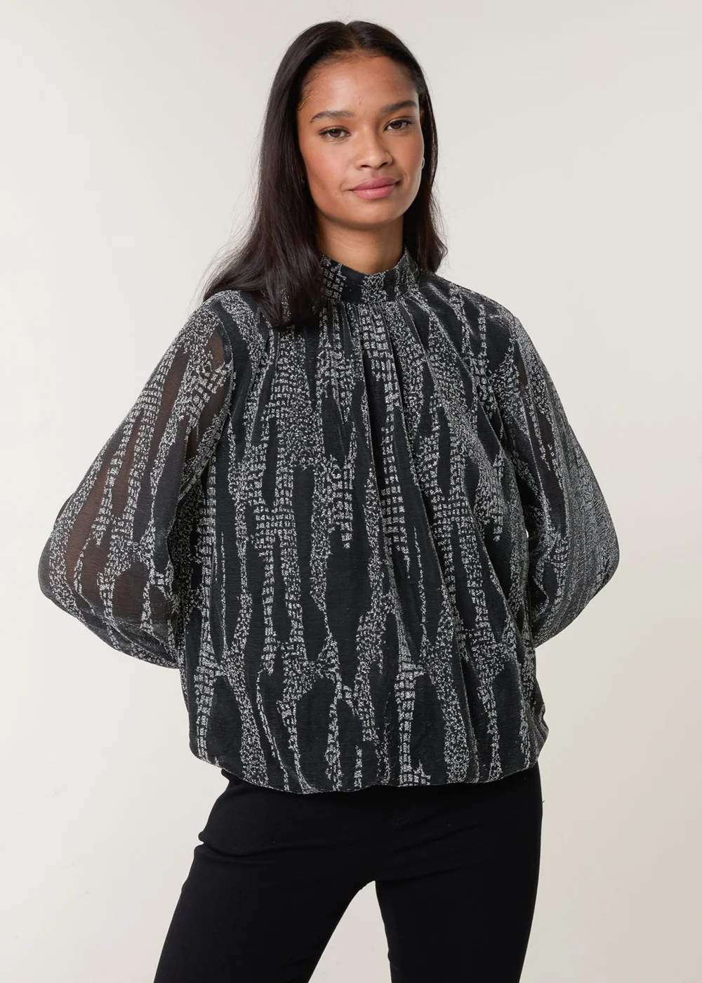 Blue Vanilla Silver Snake High Neck Puff Ball Blouse - S Image 4