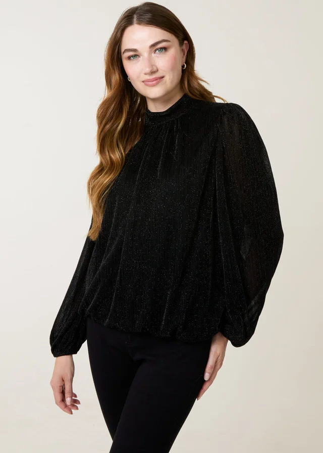 Blue Vanilla Black Shimmery High Neck Puff Ball Top
