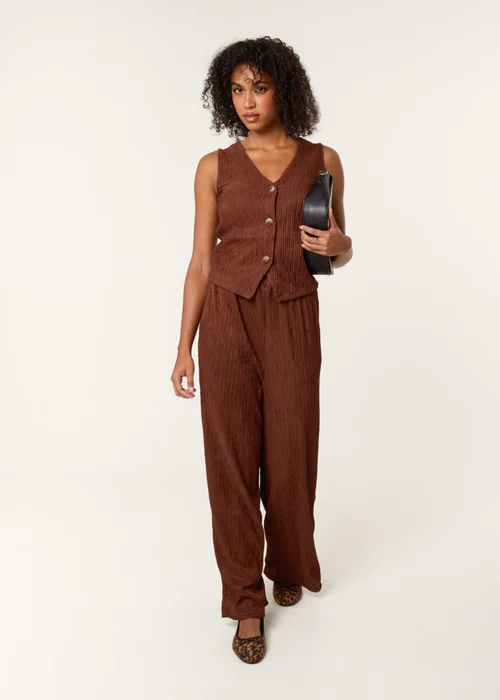 Blue Vanilla Brown Crinkle Elasticated Waist Wide Leg Trousers - L Image 1