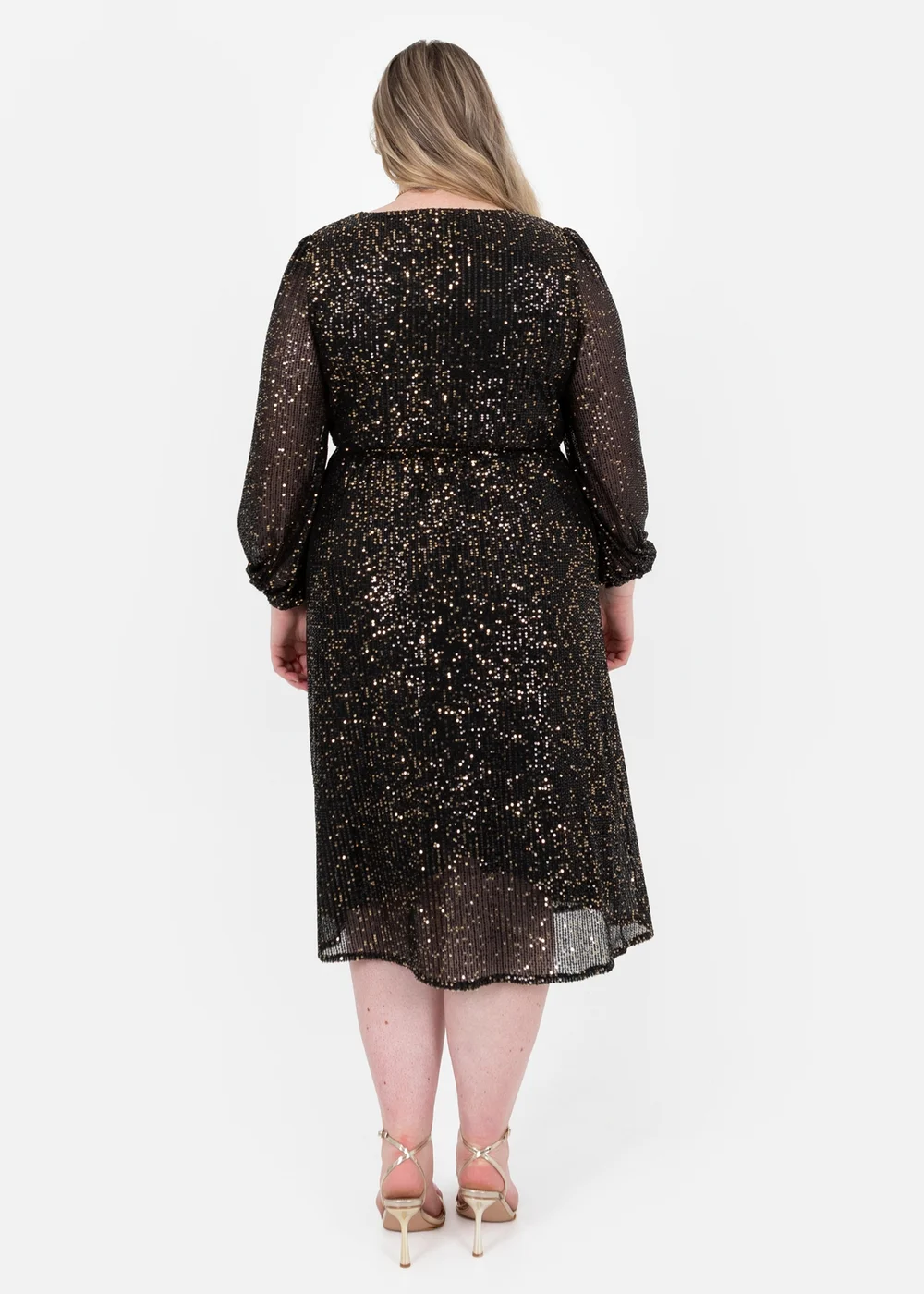 Lovedrobe Black & Gold Sequin Faux Wrap Long Sleeve Midi Dress - 22 | Matalan Lovedrobe Black & Gold Sequin Faux Wrap Long Sleeve Midi Dress - 22 | Matalan