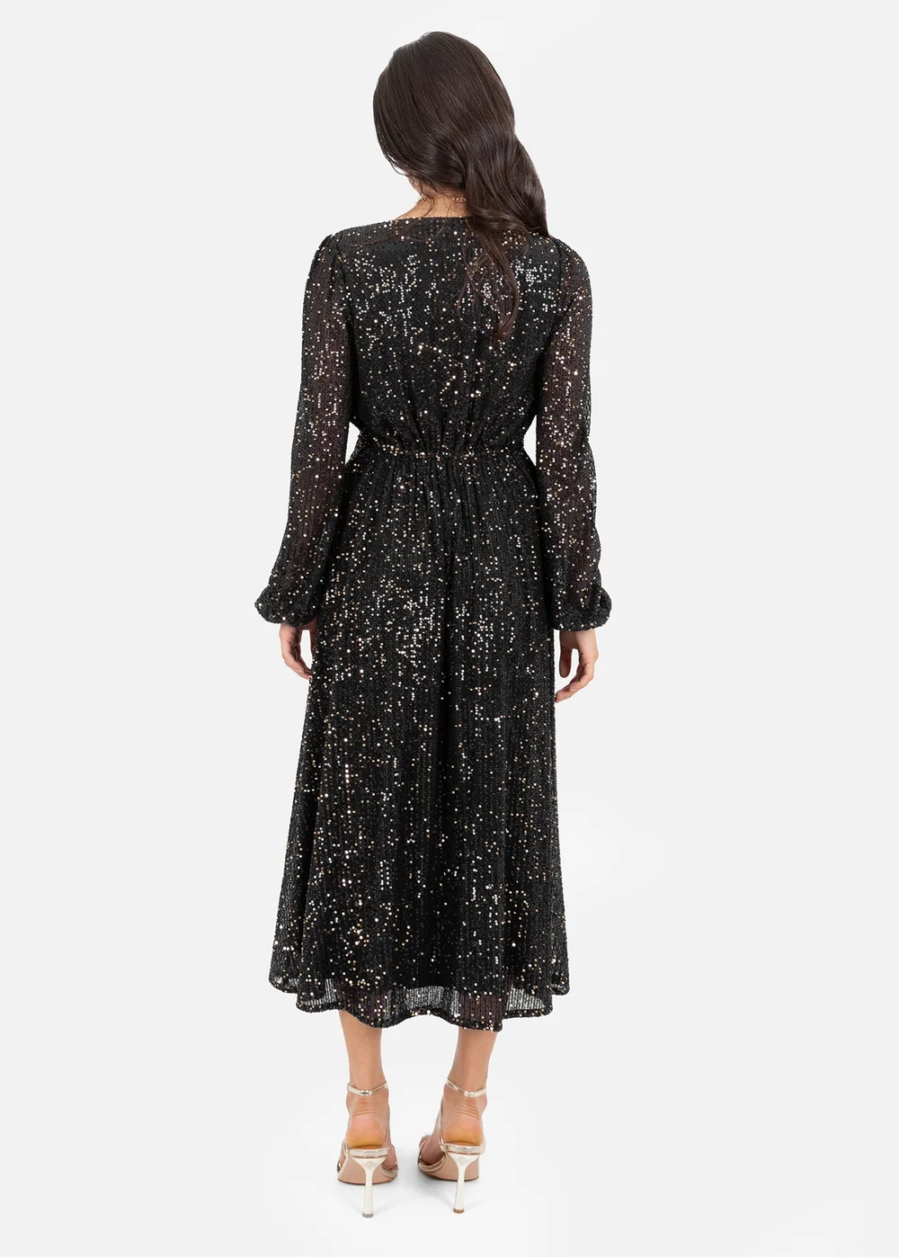 Lovedrobe Black & Gold Sequin Faux Wrap Long Sleeve Midi Dress - 22 | Matalan Lovedrobe Black & Gold Sequin Faux Wrap Long Sleeve Midi Dress - 22 | Matalan