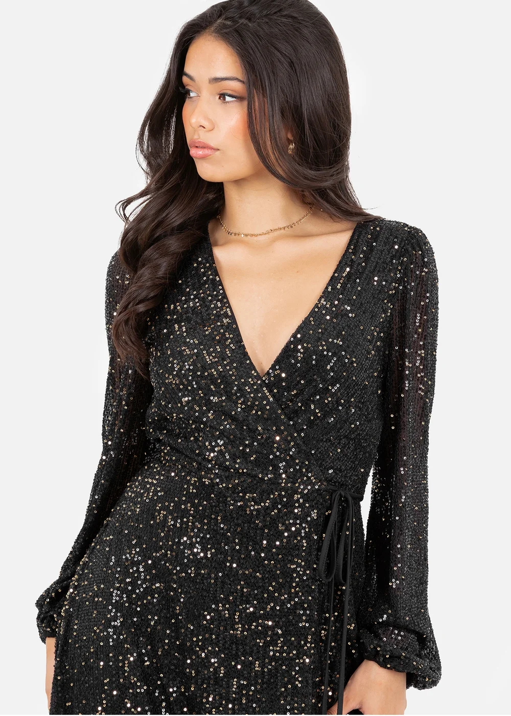 Lovedrobe Black & Gold Sequin Faux Wrap Long Sleeve Midi Dress - 22 | Matalan Lovedrobe Black & Gold Sequin Faux Wrap Long Sleeve Midi Dress - 22 | Matalan