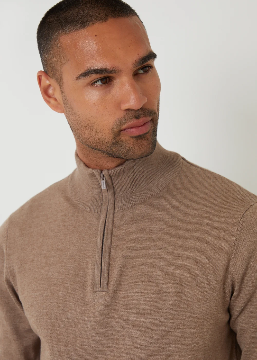 Threadbare Taupe Funnel Neck Quarter Zip Knitted Jumper - M Image 4