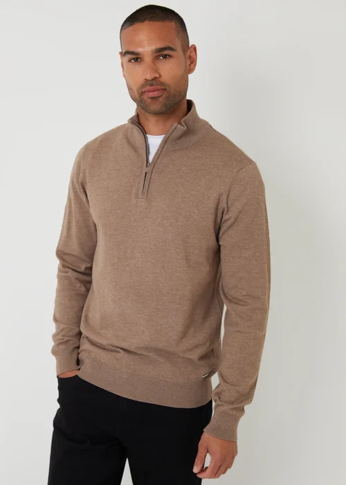 Threadbare Taupe Funnel Neck Quarter Zip Knitted Jumper - M Image 1