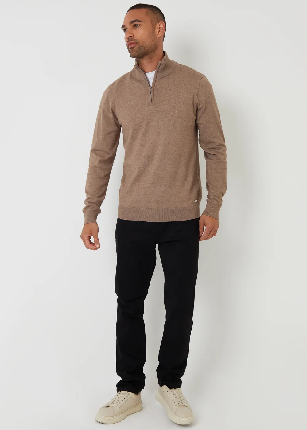 Threadbare Taupe Funnel Neck Quarter Zip Knitted Jumper - M Image 3