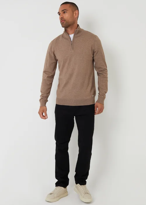 Threadbare Taupe Funnel Neck Quarter Zip Knitted Jumper - M Image 3