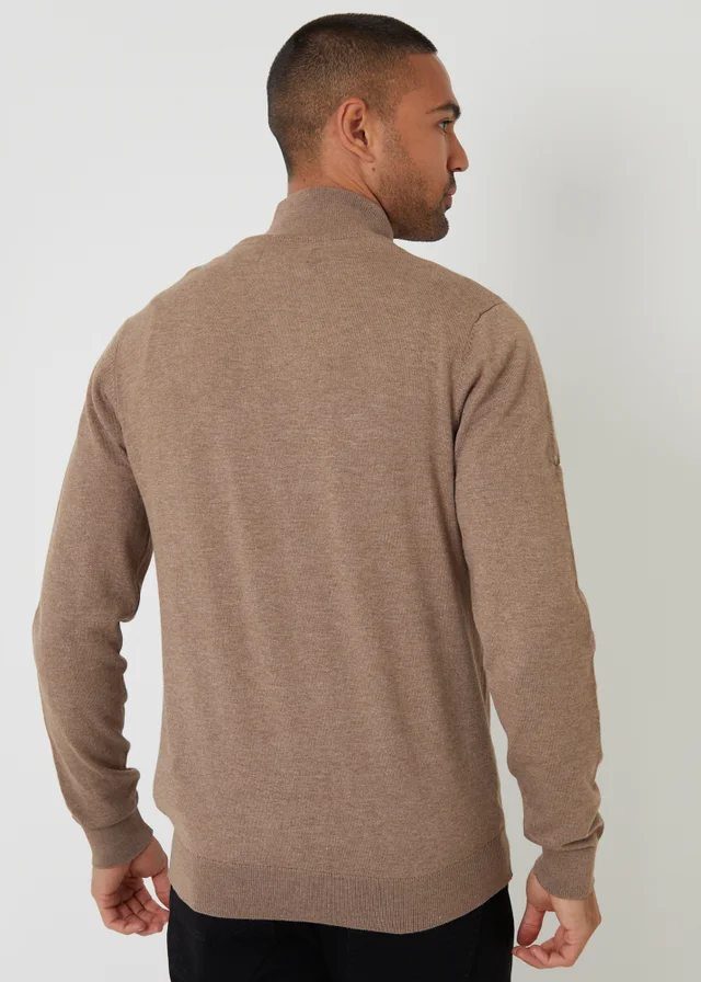 Threadbare Taupe Funnel Neck Quarter Zip Knitted Jumper