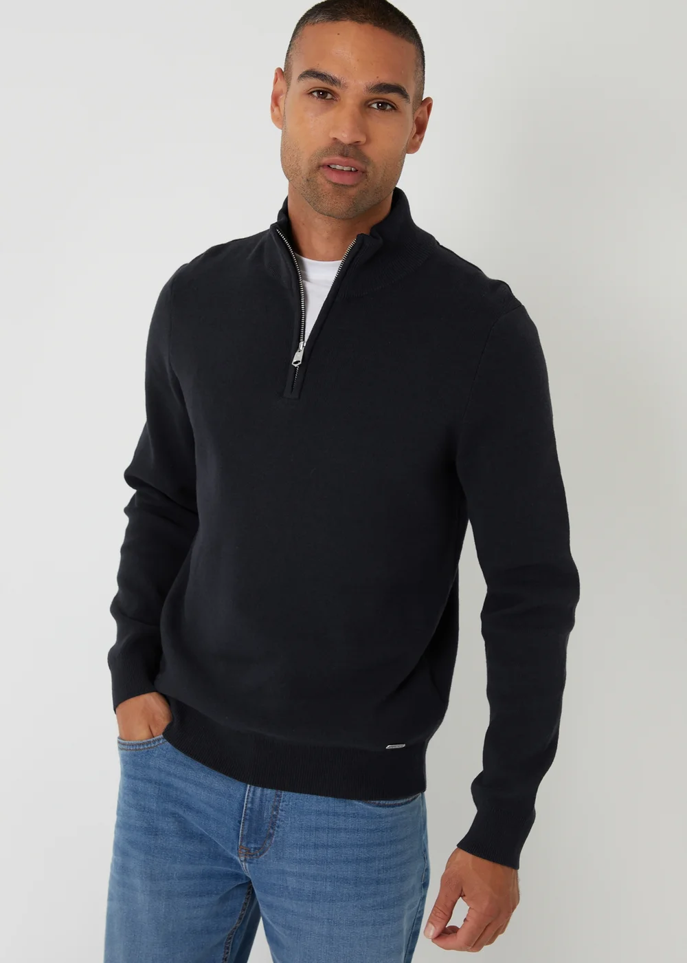 Threadbare Black Cotton Blend Knitted Quarter Zip Jumper - M Image 1