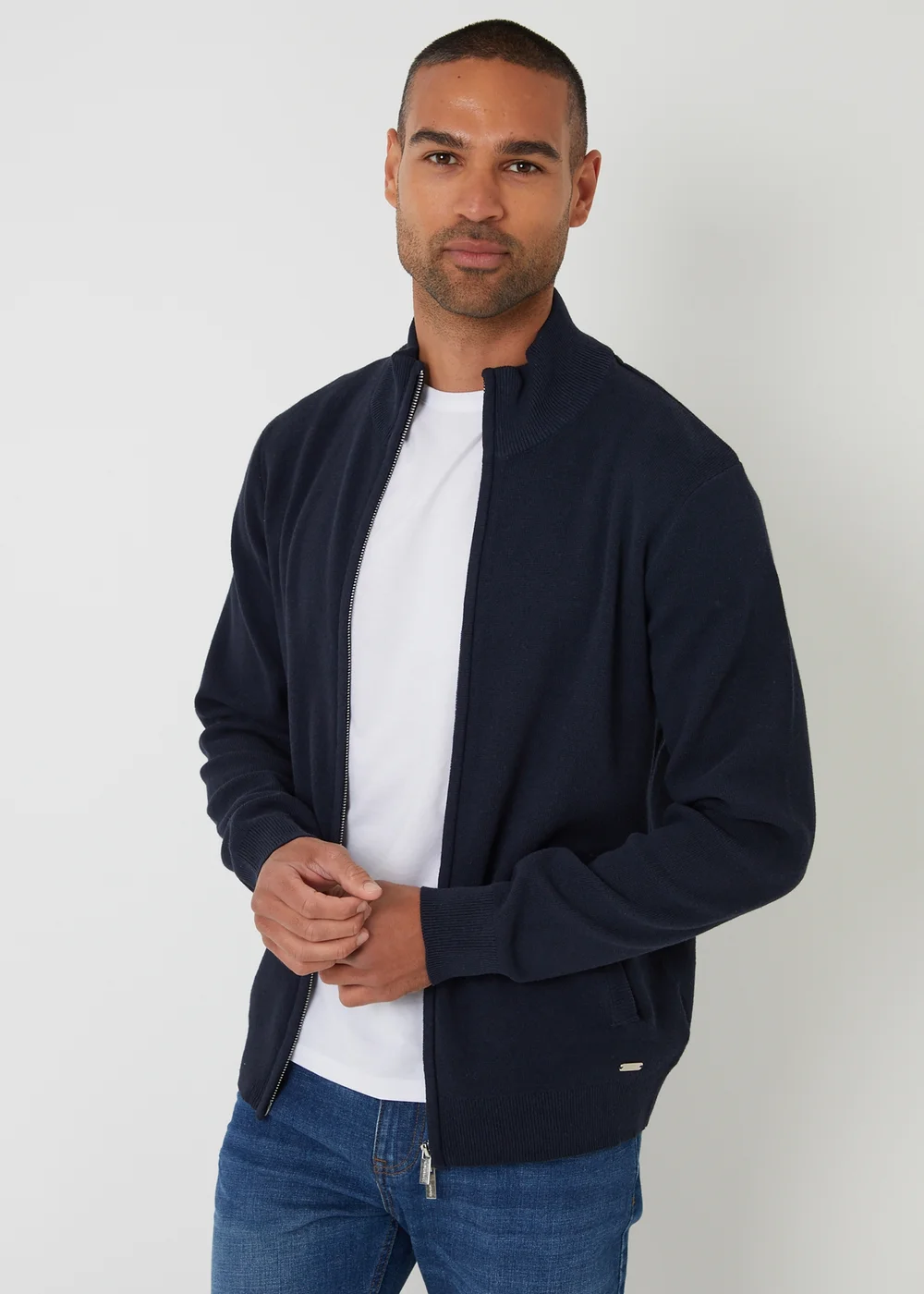 Threadbare Navy Cotton Blend Zip Up Funnel Neck Cardigan - 2XL Image 1