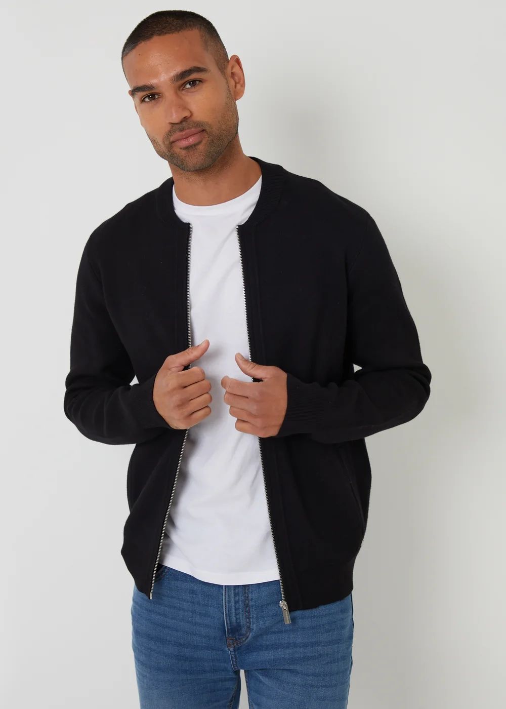 Threadbare Black Bomber-Style Knitted Zip Through Cardigan - 2XL Image 1