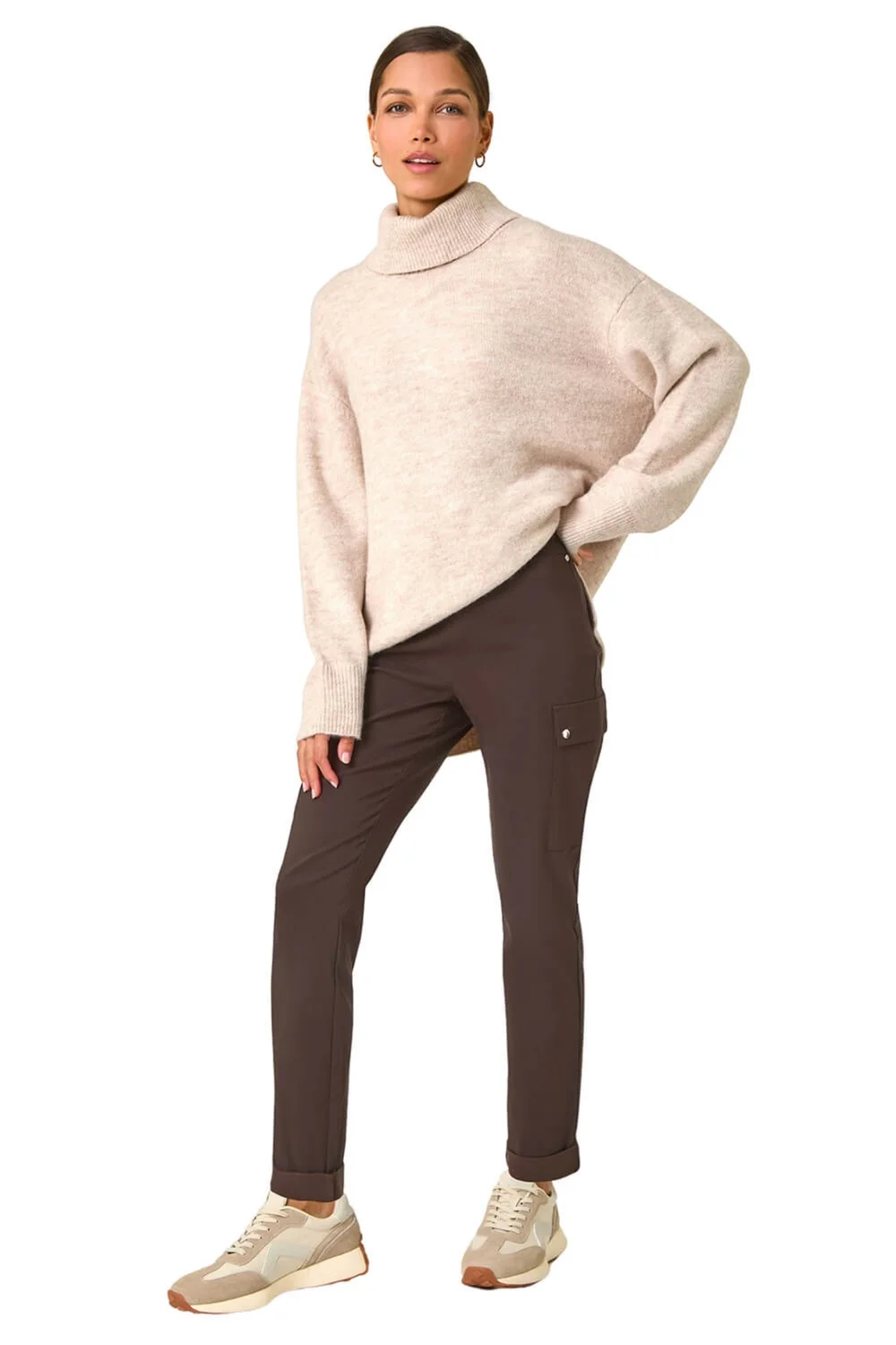 Roman Chocolate Turn Up Stretch Cargo Trousers - 12 Image 2