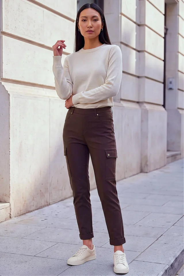 Roman Chocolate Turn Up Stretch Cargo Trousers