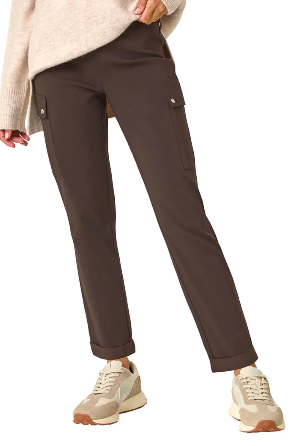 Roman Chocolate Turn Up Stretch Cargo Trousers - 12 Image 1