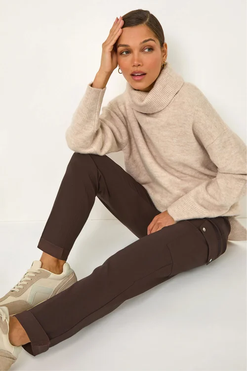 Roman Chocolate Turn Up Stretch Cargo Trousers - 12 Image 3