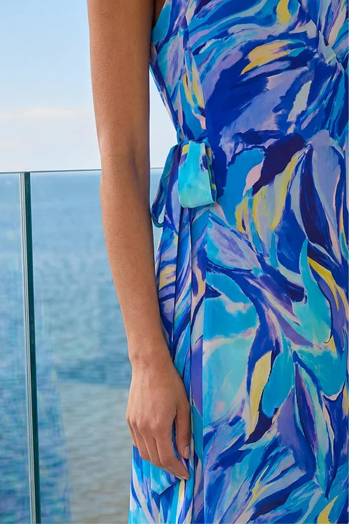 Roman Blue Floral Print Wrap Chiffon Midi Dress - 12 Image 4