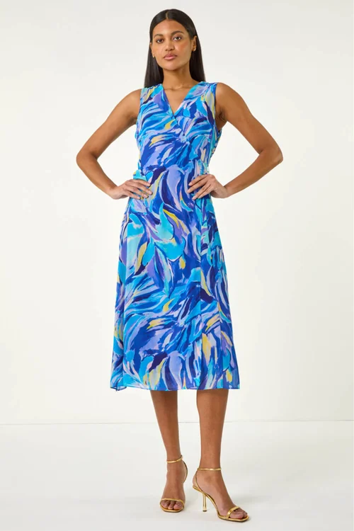 Roman Blue Floral Print Wrap Chiffon Midi Dress - 12 Image 2