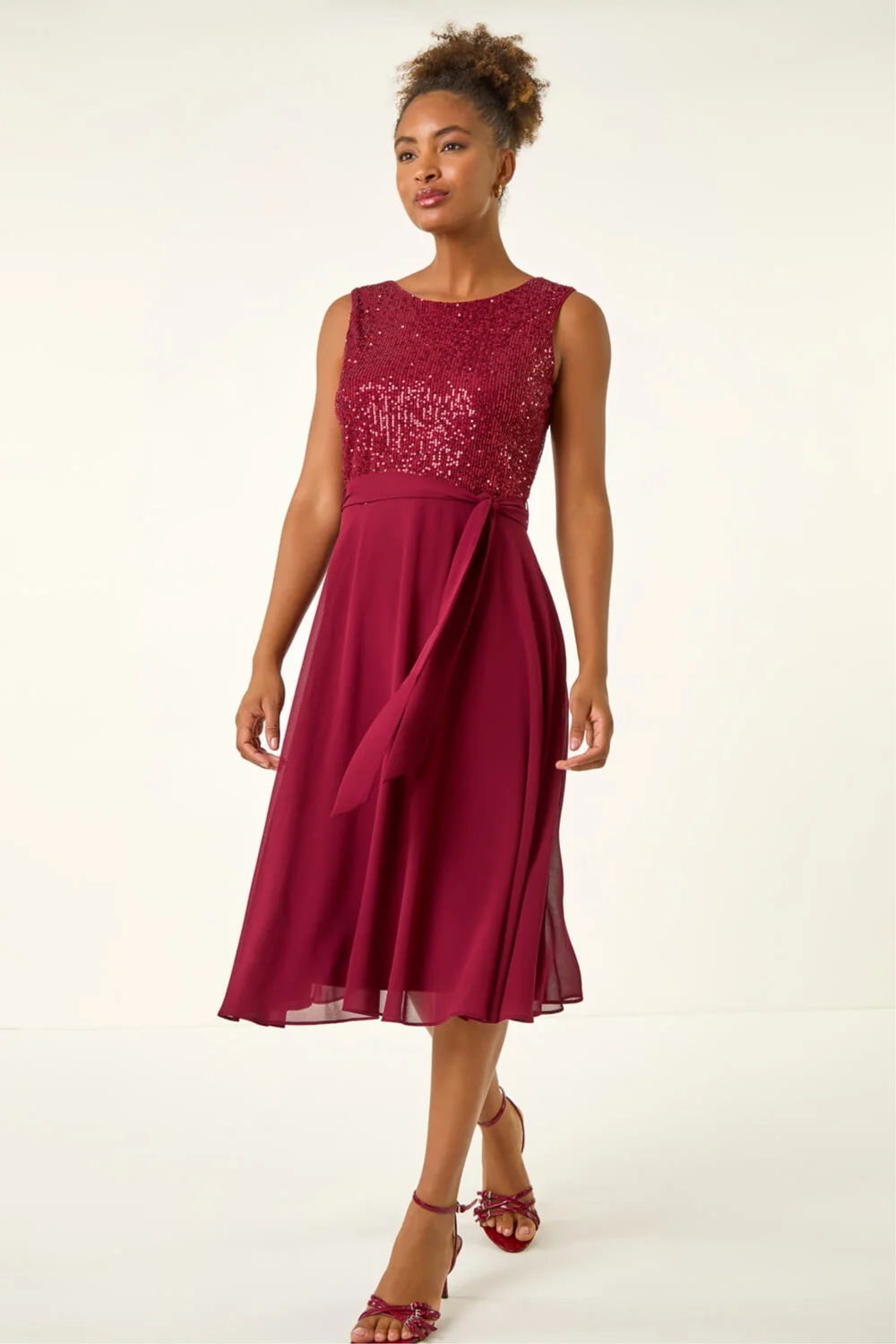 Roman Bordeaux Sequin Bodice Belted Chiffon Dress - 18 Image 2