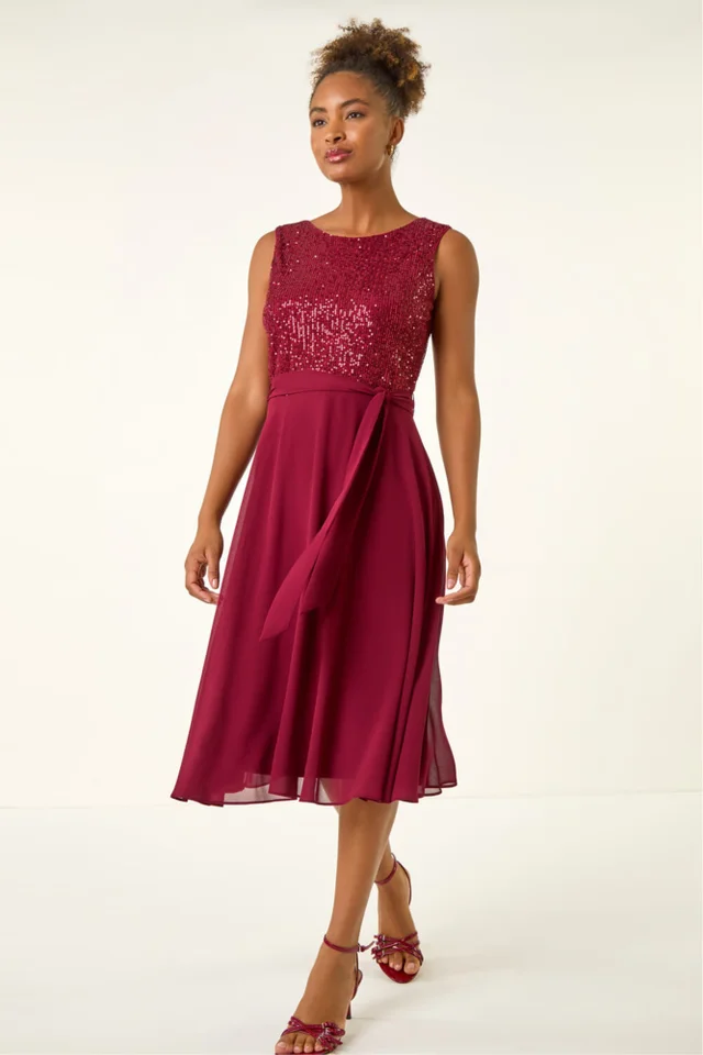 Roman Bordeaux Sequin Bodice Belted Chiffon Dress