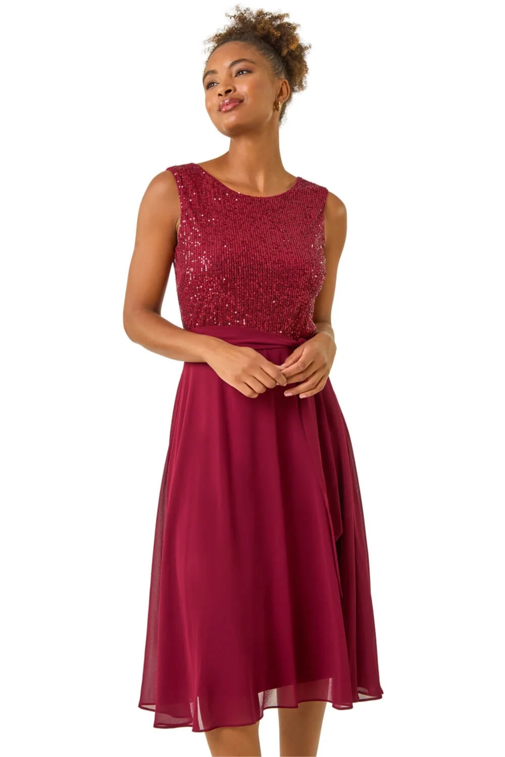 Roman Bordeaux Sequin Bodice Belted Chiffon Dress - 18 Image 1
