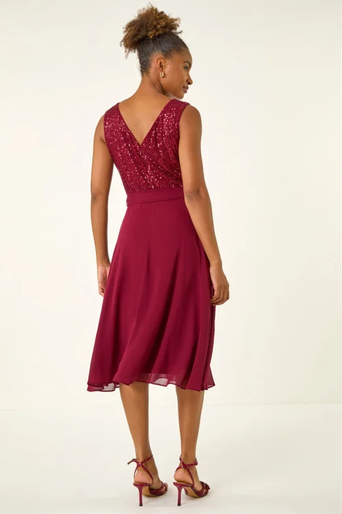 Roman Bordeaux Sequin Bodice Belted Chiffon Dress - 18 Image 3