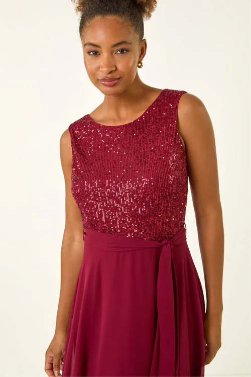 Roman Bordeaux Sequin Bodice Belted Chiffon Dress - 18 Image 4