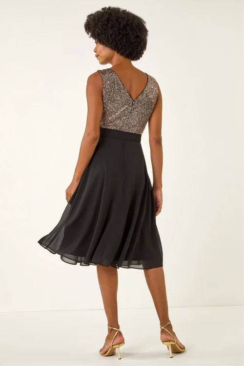 Roman Gold Sequin Bodice Belted Chiffon Dress - 18 Image 3