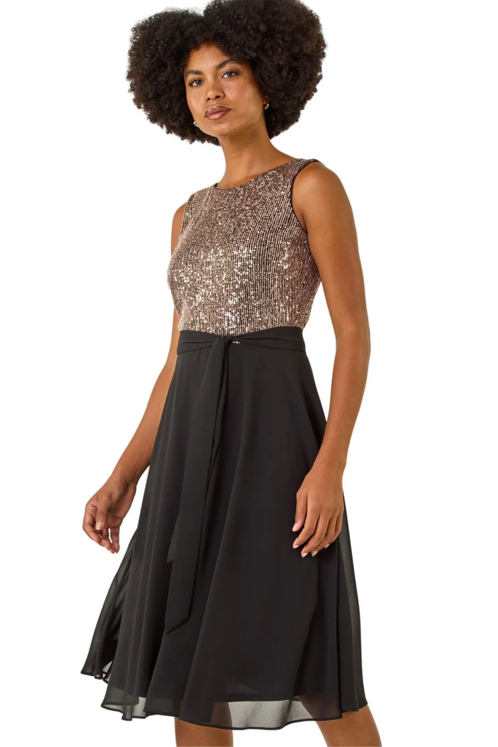 Roman Gold Sequin Bodice Belted Chiffon Dress - 18 Image 1