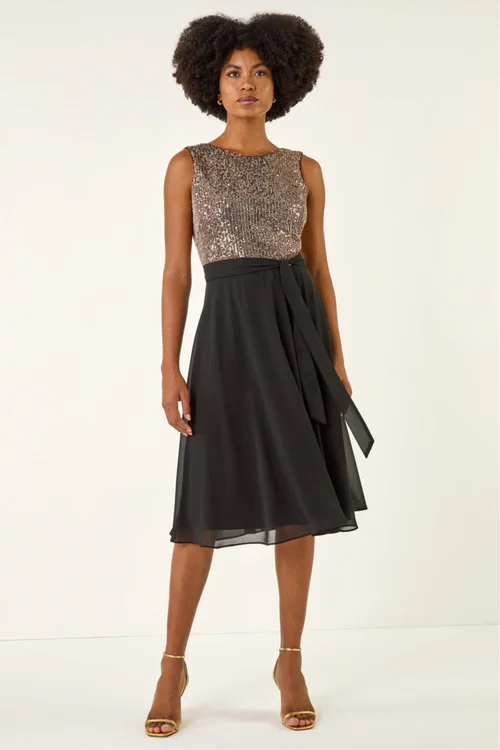 Roman Gold Sequin Bodice Belted Chiffon Dress - 18 Image 2