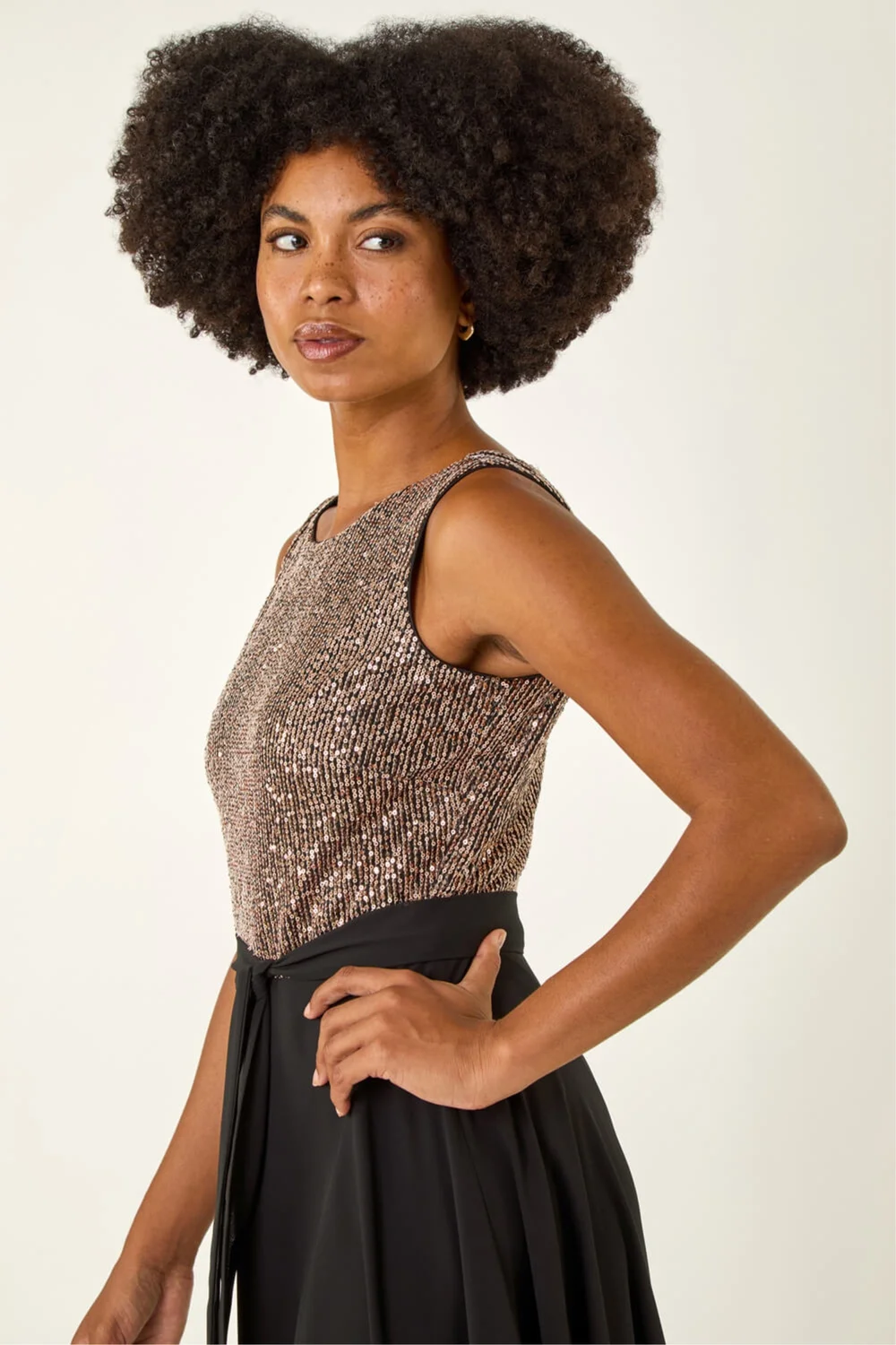 Roman Gold Sequin Bodice Belted Chiffon Dress - 18 Image 4