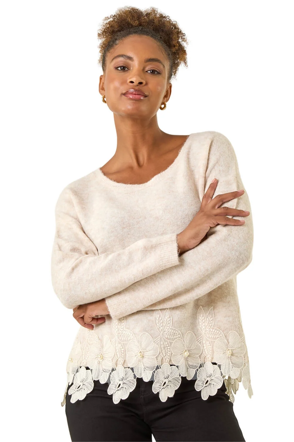 Roman Beige Floral Lace Trim Knit Jumper - 12 Image 1