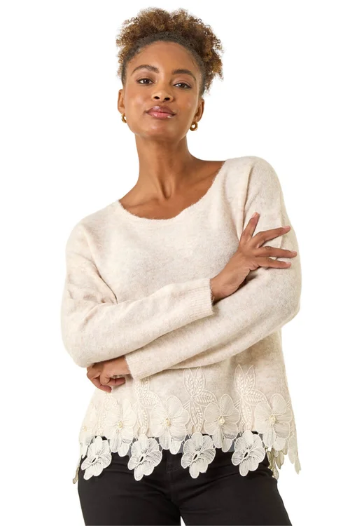 Roman Beige Floral Lace Trim Knit Jumper - 12 Image 1