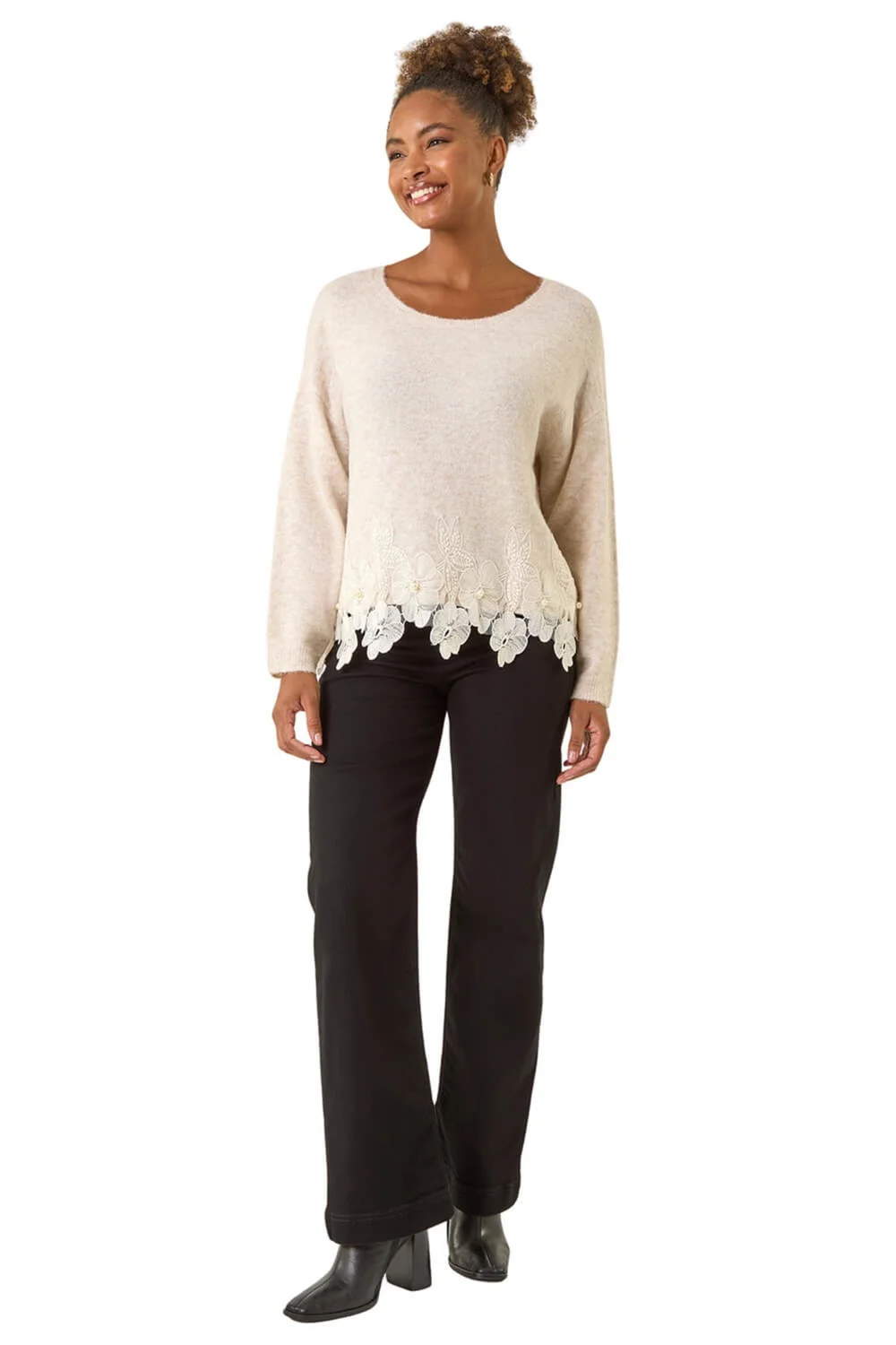 Roman Beige Floral Lace Trim Knit Jumper - 12 Image 2