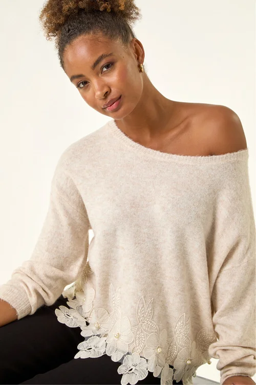 Roman Beige Floral Lace Trim Knit Jumper - 12 Image 3