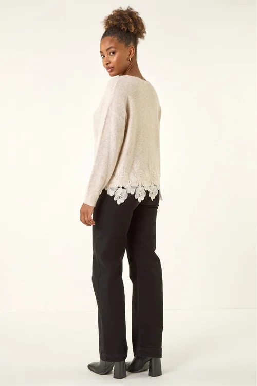 Roman Beige Floral Lace Trim Knit Jumper - 12 Image 4