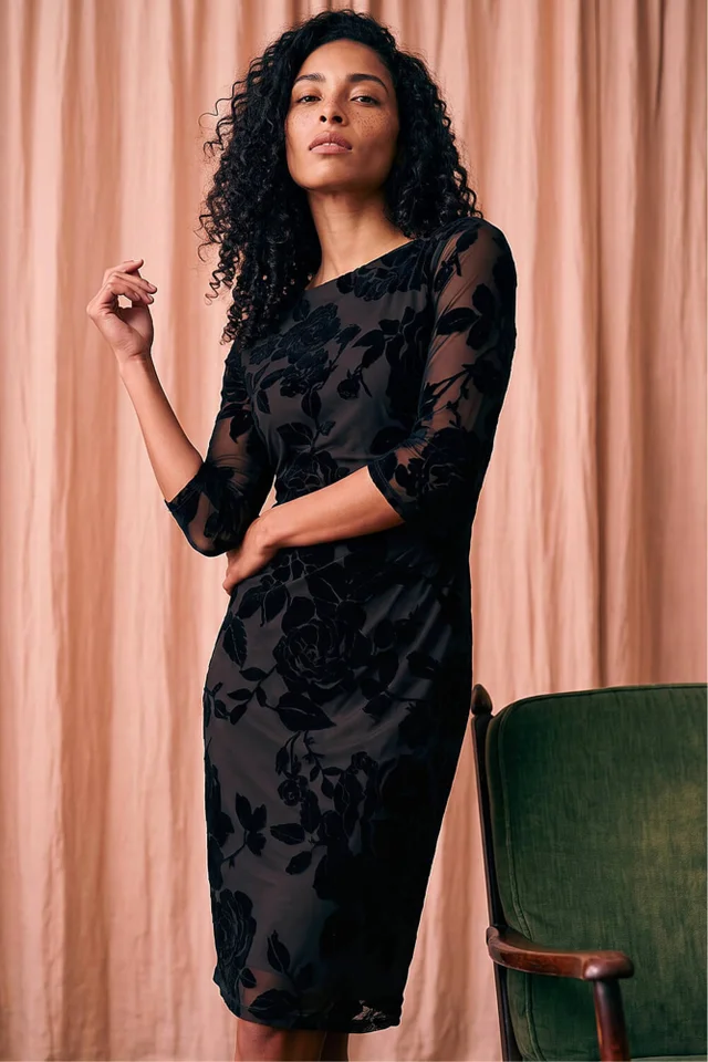 Roman Black Floral Flock Pleat Detail Dress