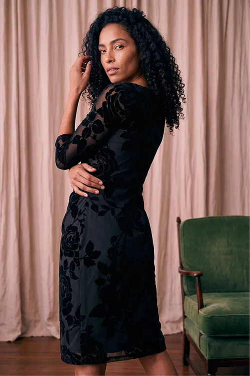 Roman Black Floral Flock Pleat Detail Dress - 16 Image 4