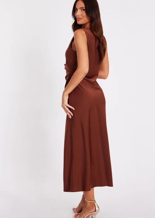 quiz satin ruched midi dress Quiz Khaki Satin Ruched Midi Dress